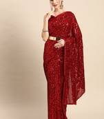 RUBY RED THREAD AND MULTIPLE SEQUINS EMBROIDERED GEORGETTE DESIGNER SAREE