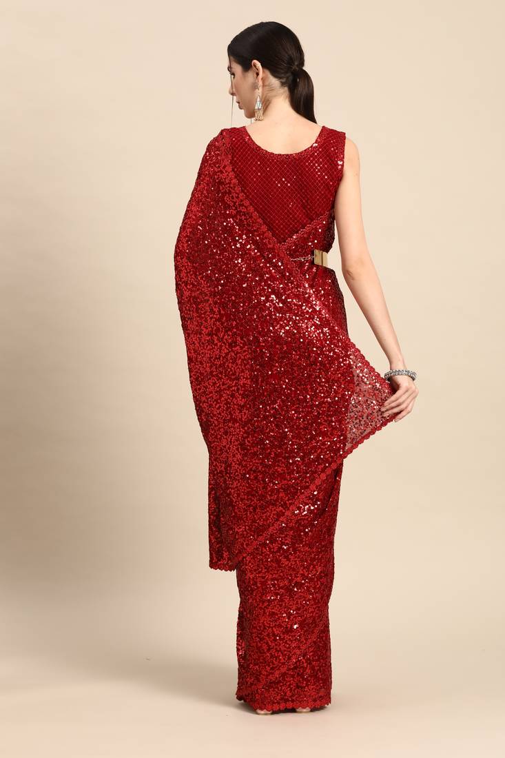 RUBY RED THREAD AND MULTIPLE SEQUINS EMBROIDERED GEORGETTE DESIGNER SAREE