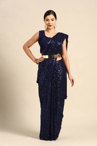 BLUSH BLUE THREAD AND MULTIPLE SEQUINS EMBROIDERED GEORGETTE DESIGNER SAREE