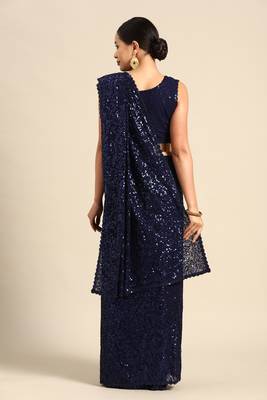 BLUSH BLUE THREAD AND MULTIPLE SEQUINS EMBROIDERED GEORGETTE DESIGNER SAREE 3
