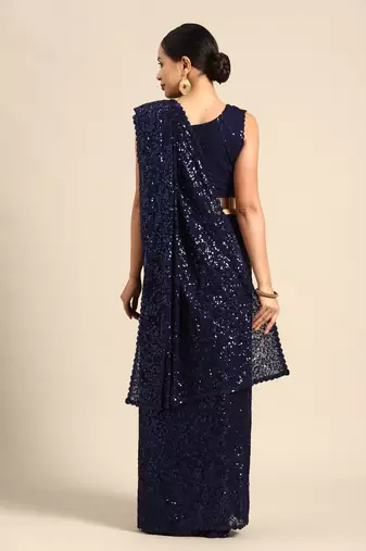 BLUSH BLUE THREAD AND MULTIPLE SEQUINS EMBROIDERED GEORGETTE DESIGNER SAREE