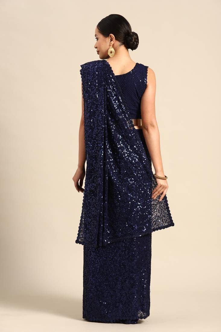 BLUSH BLUE THREAD AND MULTIPLE SEQUINS EMBROIDERED GEORGETTE DESIGNER SAREE
