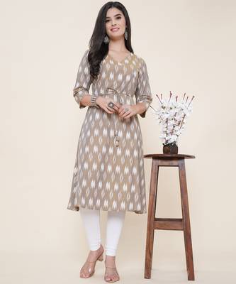 Anushil women angrakha cotton cambric v neck 3/4th sleeves printed kurti with drawstring 1