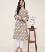 Anushil women angrakha cotton cambric v neck 3/4th sleeves printed kurti with drawstring