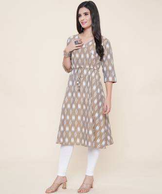 Anushil women angrakha cotton cambric v neck 3/4th sleeves printed kurti with drawstring 3
