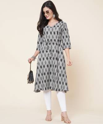 Anushil women angrakha cotton cambric v neck 3/4th sleeves printed kurti with drawstring 1