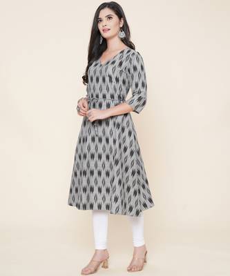 Anushil women angrakha cotton cambric v neck 3/4th sleeves printed kurti with drawstring 3
