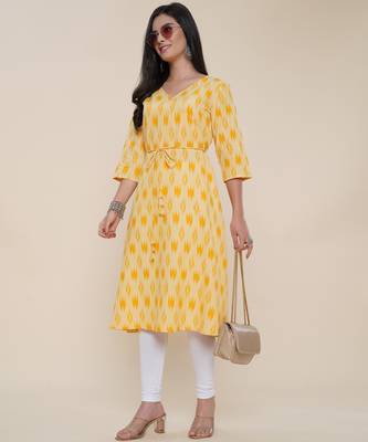 Anushil women angrakha cotton cambric v neck 3/4th sleeves printed kurti with drawstring 1