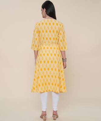 Anushil women angrakha cotton cambric v neck 3/4th sleeves printed kurti with drawstring 3