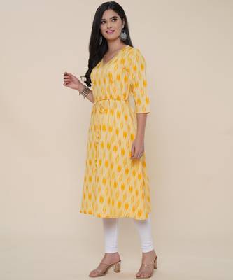 Anushil women angrakha cotton cambric v neck 3/4th sleeves printed kurti with drawstring 4