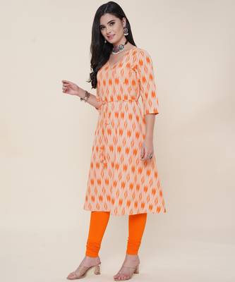 Anushil women angrakha cotton cambric v neck 3/4th sleeves printed kurti with drawstring 3