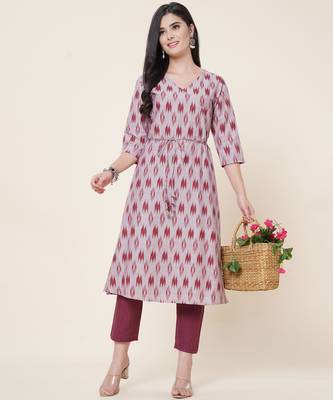 Anushil women angrakha cotton cambric v neck 3/4th sleeves printed kurti with drawstring 1
