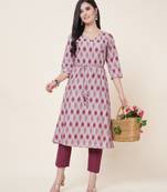 Anushil women angrakha cotton cambric v neck 3/4th sleeves printed kurti with drawstring