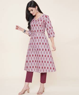 Anushil women angrakha cotton cambric v neck 3/4th sleeves printed kurti with drawstring 3