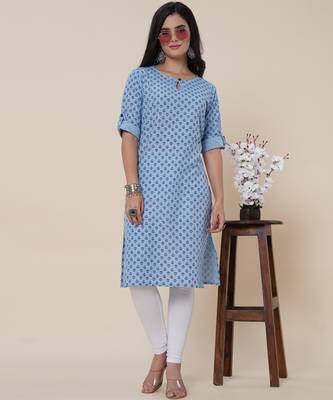 Anushil women cotton butti printed degisn 3/4th sleeves round keyhole neck with button kurti 1