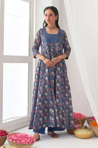 Blue peony kurta set