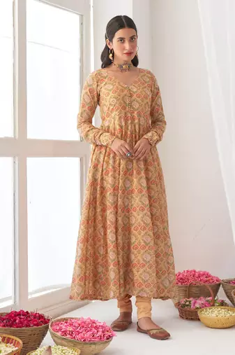 Yellow peony anarkali set