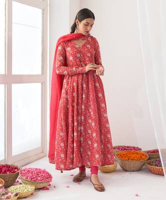 Hot pink peony anarkali set 1