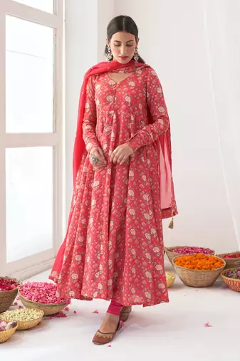 Hot pink peony anarkali set