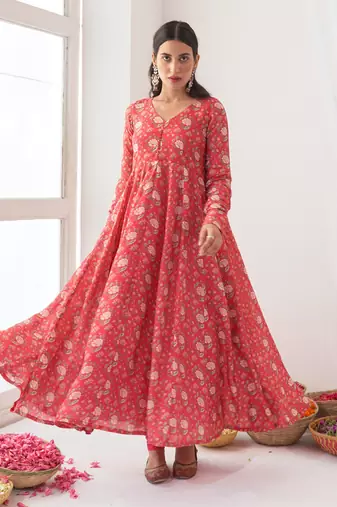 Hot pink peony anarkali set