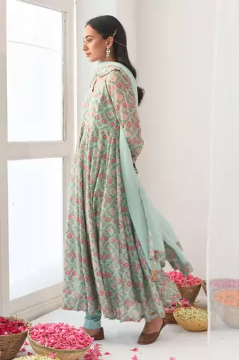 Aqua peony anarkali set