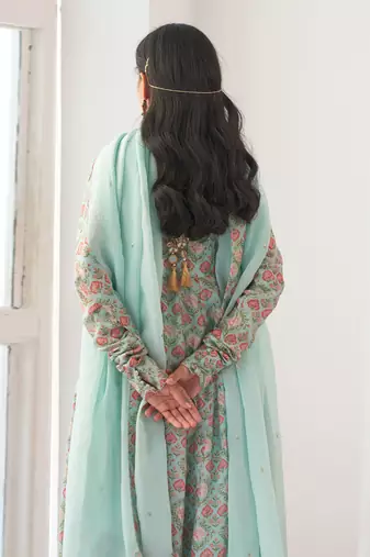 Aqua peony anarkali set
