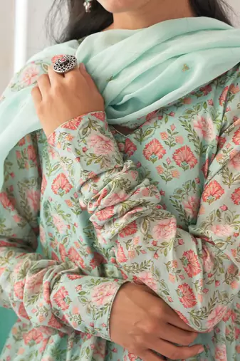 Aqua peony anarkali set