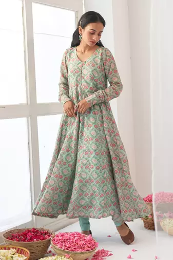 Aqua peony anarkali set