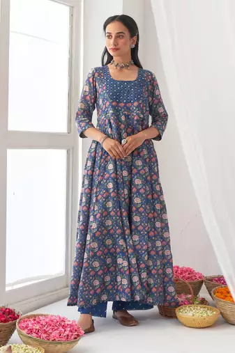 Blue peony embroidered anarkali set