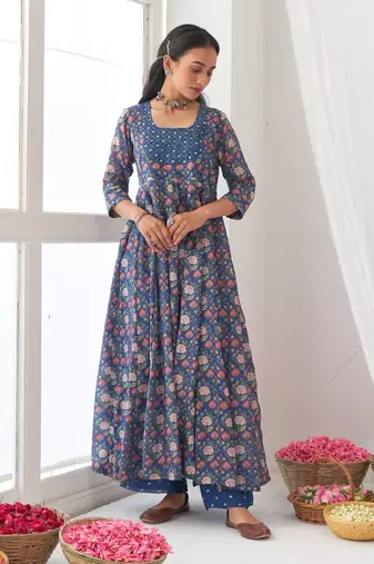 Blue peony embroidered anarkali set