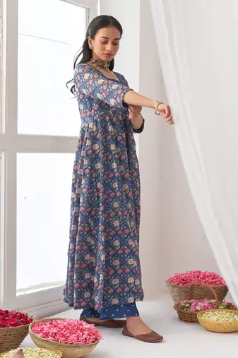 Blue peony embroidered anarkali set