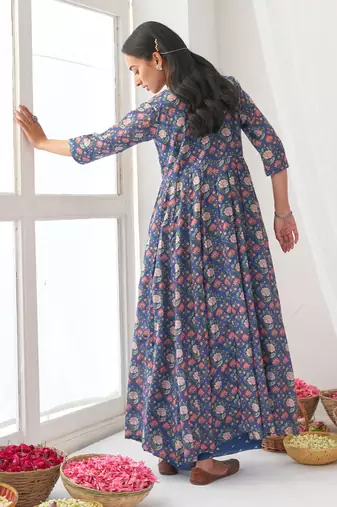 Blue peony embroidered anarkali set