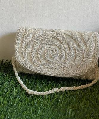 Ivory beaded thread embellished mini envelop bag 1