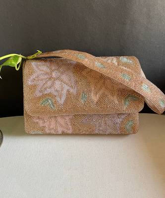 Light gold floral beaded embellished bucket bag 1