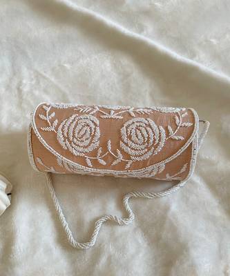 Peach rose pearl embellished round bag 1