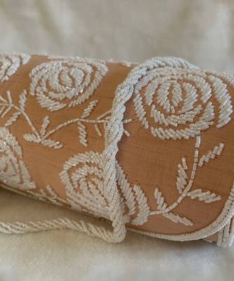 Peach rose pearl embellished round bag 2
