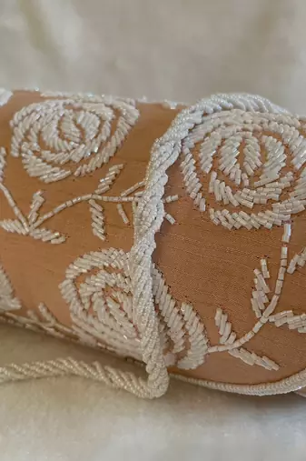 Peach rose pearl embellished round bag