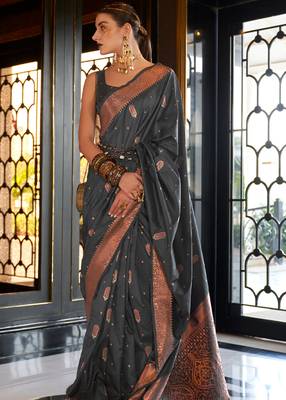 KORAMS DESIGN SILK COPPER ZARI WOVEN BLACK TUSSAR DESIGN TRADITIONAL WEAR SILK SAREE WITH BLOUSE 2