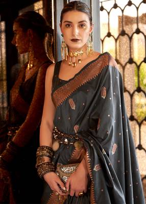 KORAMS DESIGN SILK COPPER ZARI WOVEN BLACK TUSSAR DESIGN TRADITIONAL WEAR SILK SAREE WITH BLOUSE 3