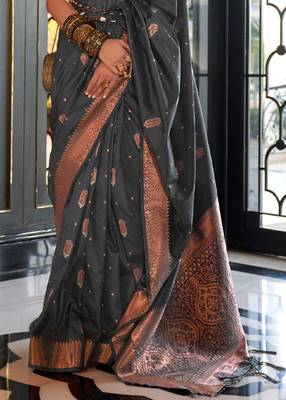 KORAMS DESIGN SILK COPPER ZARI WOVEN BLACK TUSSAR DESIGN TRADITIONAL WEAR SILK SAREE WITH BLOUSE 4