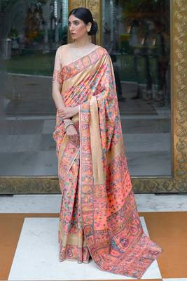Peach Women'S Kashmiri Pashmina Woven Design Celebrity Saree With Blouse Piece 1