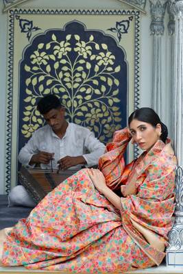 Peach Women'S Kashmiri Pashmina Woven Design Celebrity Saree With Blouse Piece 2