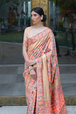 Peach Women'S Kashmiri Pashmina Woven Design Celebrity Saree With Blouse Piece 3