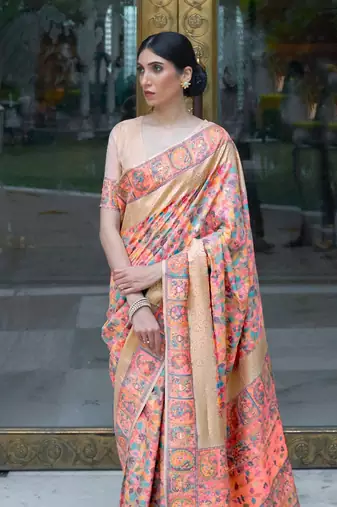 Peach Women'S Kashmiri Pashmina Woven Design Celebrity Saree With Blouse Piece