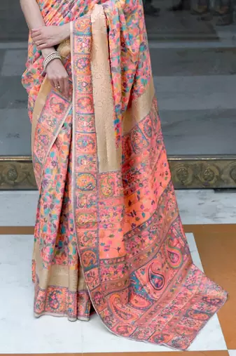 Peach Women'S Kashmiri Pashmina Woven Design Celebrity Saree With Blouse Piece