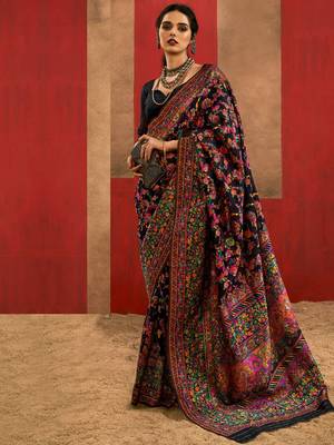 Black Zari Weaving & Thread Work Kashmiri Work Cotton Blend Saree Set 1