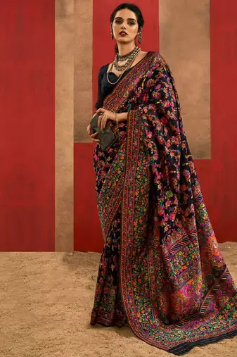 Black Zari Weaving & Thread Work Kashmiri Work Cotton Blend Saree Set