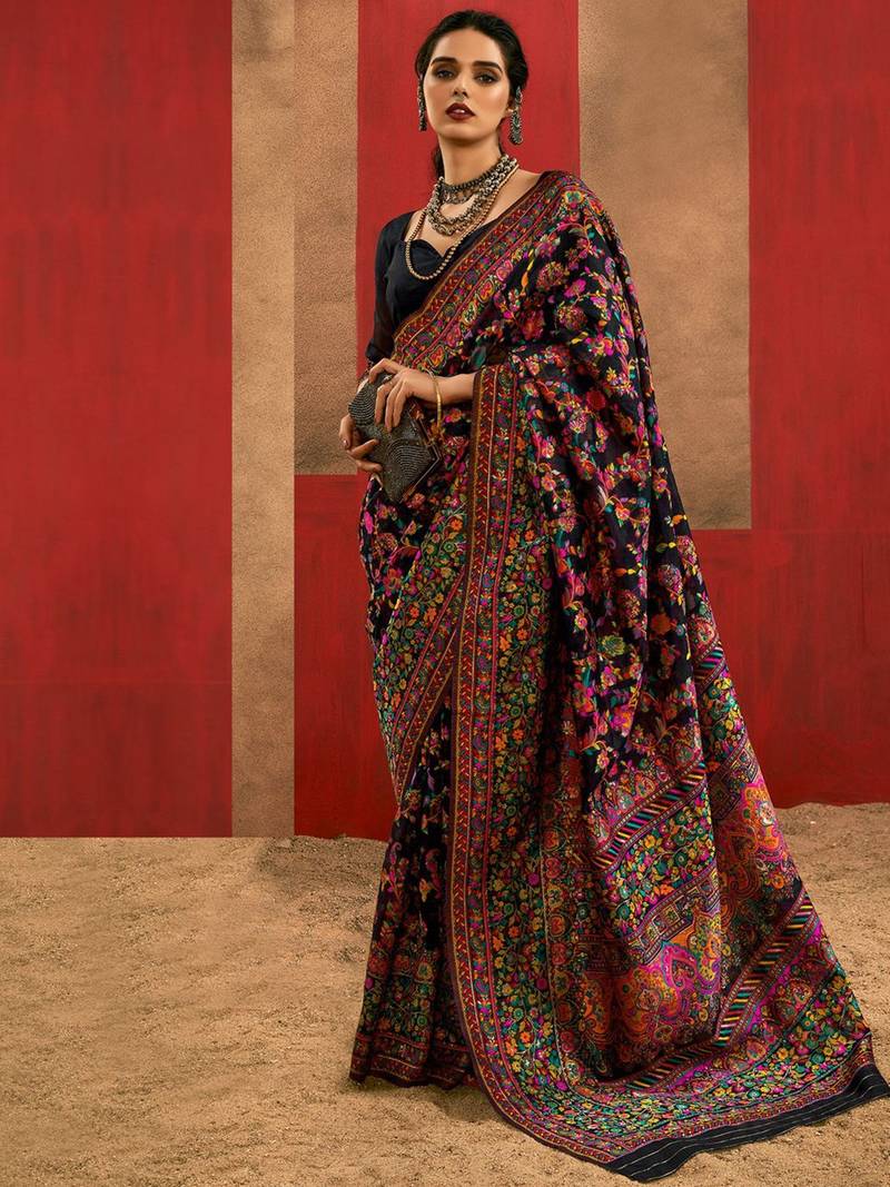 Black Zari Weaving & Thread Work Kashmiri Work Cotton Blend Saree Set