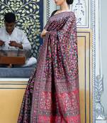 Black Zari Weaving & Thread Work Kashmiri Work Cotton Blend Saree Set