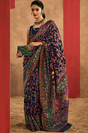 Black Zari Weaving & Thread Work Kashmiri Work Cotton Blend Saree Set